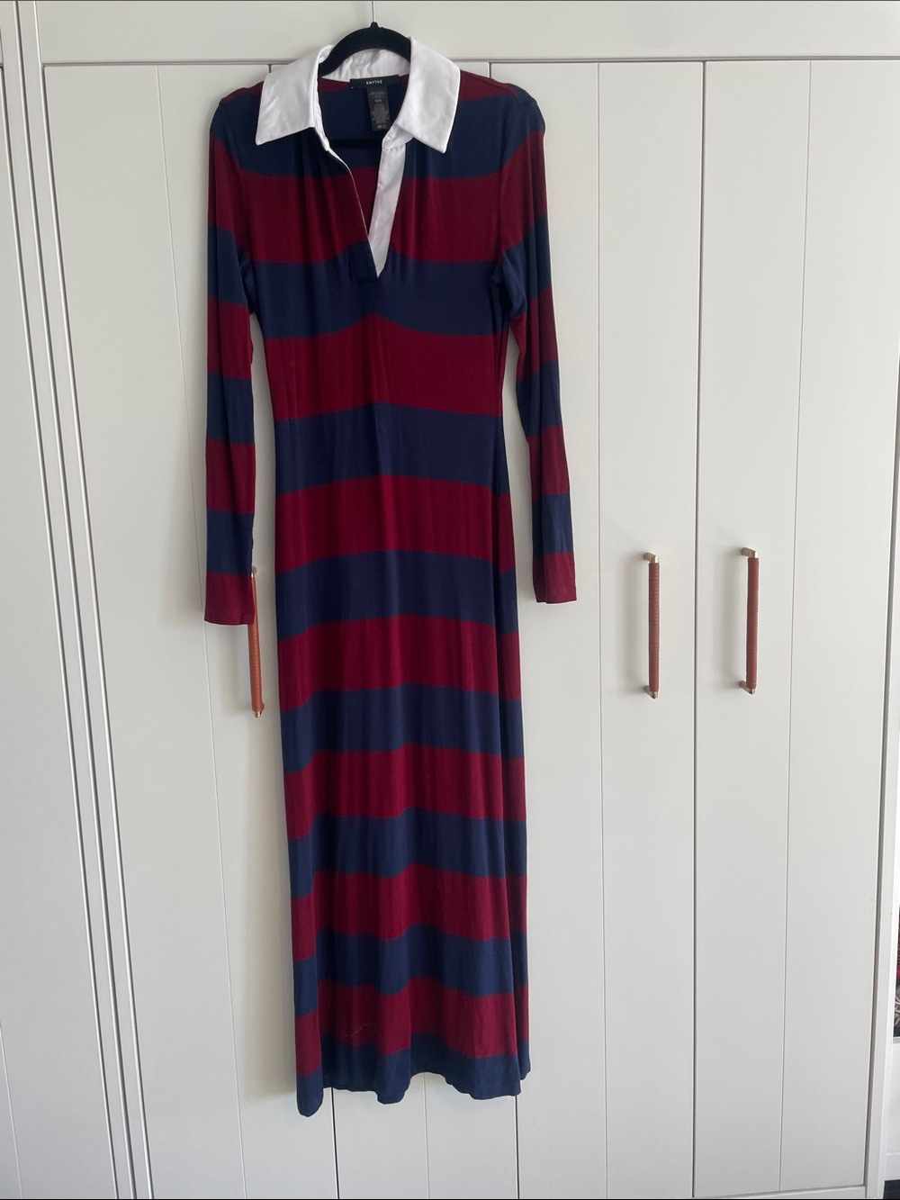 Smythe Navy and Burgundy Striped Maxi Dress with White Collar